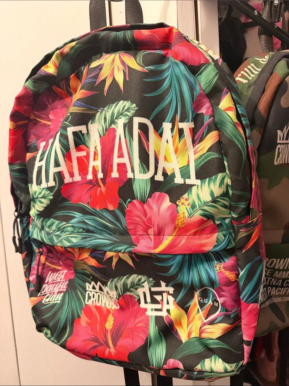 CROWNS GUAM Tropical Floral Backpack - Black with Multicolor Floral Print